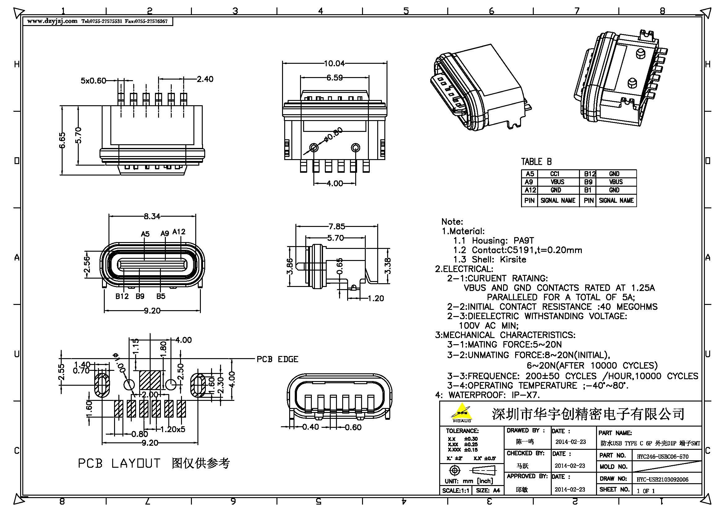 防水USB TYPE C 6P 外壳DIP 端子SMT带柱产品图.jpg