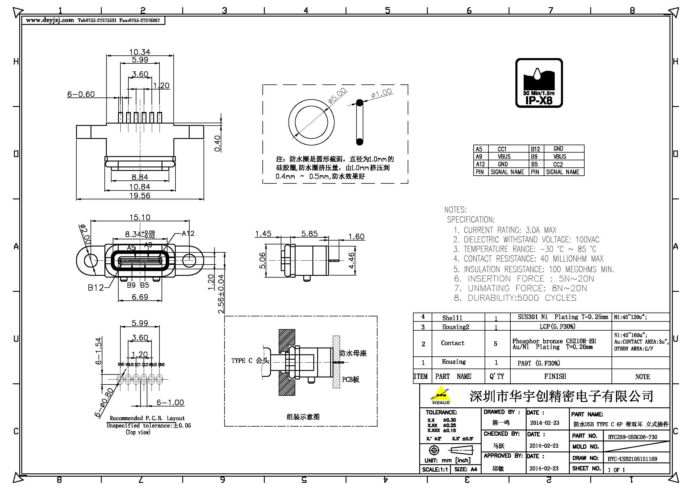 防水USB TYPE C 6P 带双耳 立式插件产品图.jpg